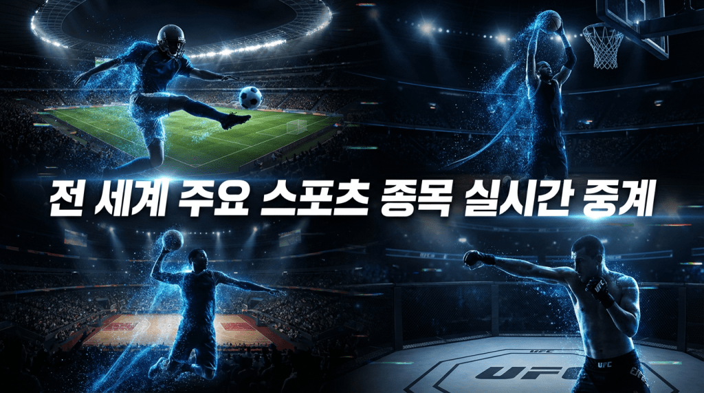 “전 세계 주요 스포츠 종목 실시간 중계 썸네일 │ 퀵티비 무료 스포츠 생중계 플랫폼 │ 축구·농구·야구·테니스·UFC 등 다양한 종목 고화질 실시간 스트리밍 제공 이미지”